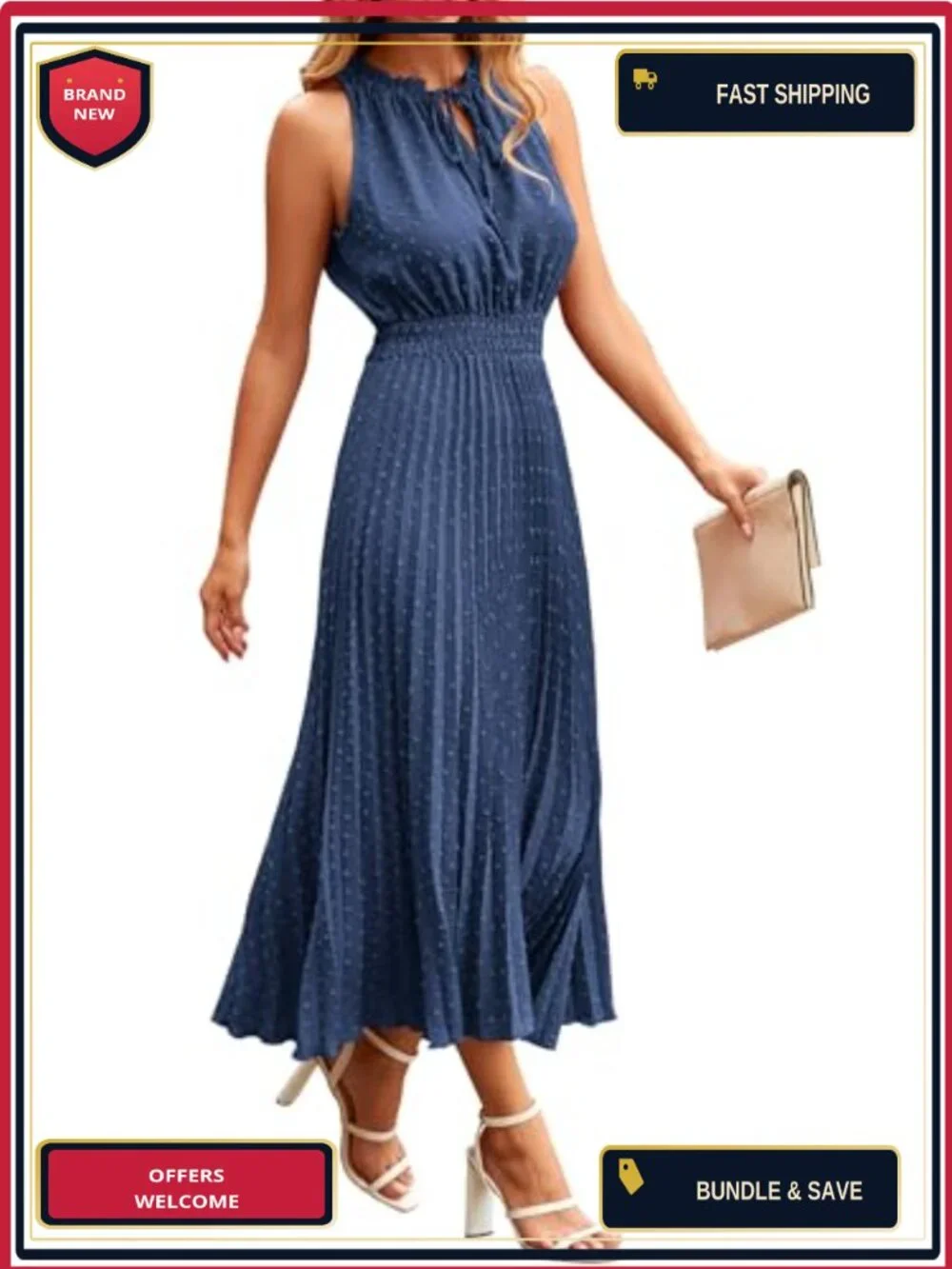 Swiss Dot V-Neck Midi Sundress Empire Waist Fit and Flare Sleeveless